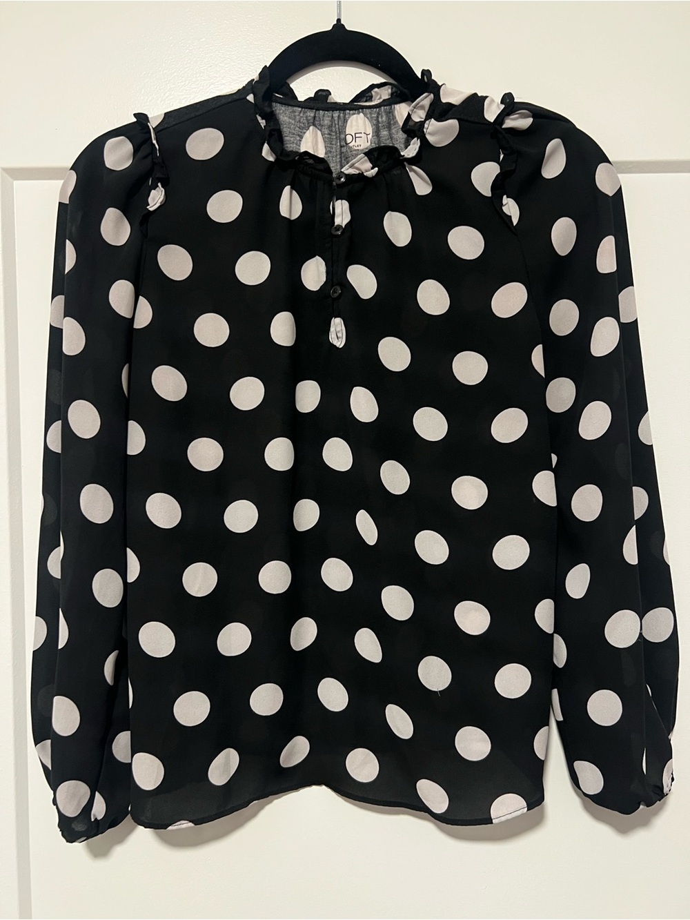 LOFT Black and White Polka Dot Ruffle-Neck Blouse